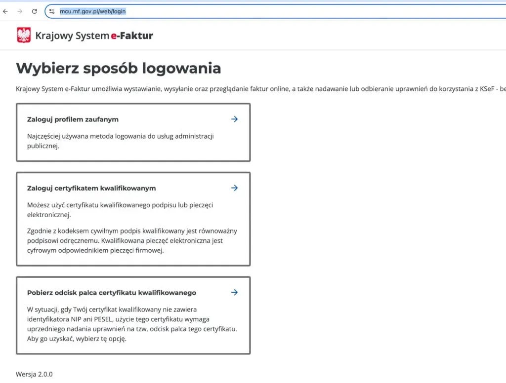 Strona logowania do KSeF z przyciskiem profilu zaufanego