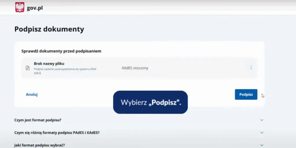 Ekran z opcją podpisania przez profil zaufany
