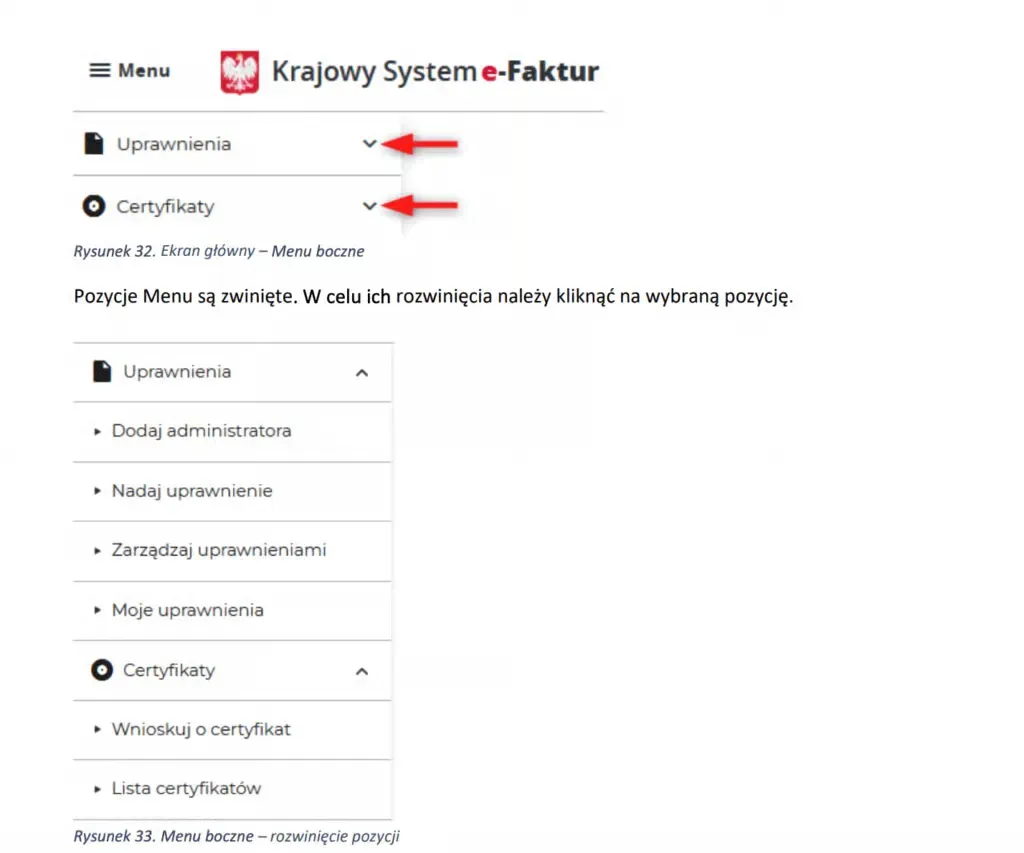 Menu z zakładką do nadawania uprawnień